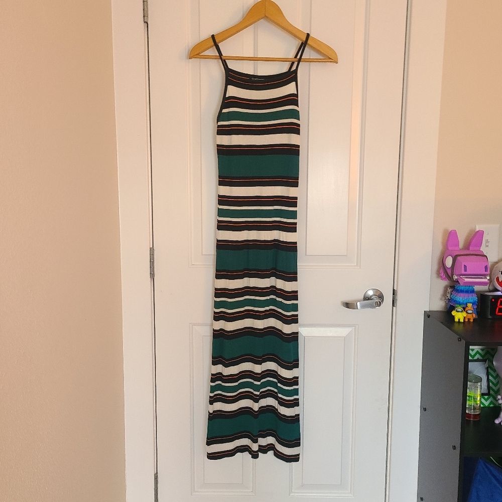 Topshop Teal Black White Striped Spaghetti-Strap Maxi Dress
